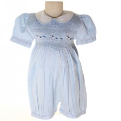 Traditional Hand Smocked Baby Blue Romper With Horses Embroidery
