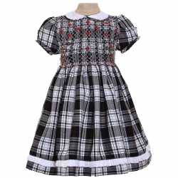 Girls Traditional Smocked Tartan Dress In Black And White And Red Flowers