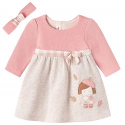 Mayoral Autumn Winter Baby Girls Pink Beige Dress With Hairband