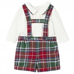 Mayoral Baby Boys Ivory Top Red Tartan H Braces Shorts Set