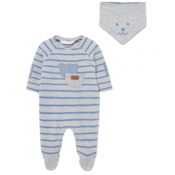Mayoral Baby Boys Grey Blue Stripes Footed Romper With Bib