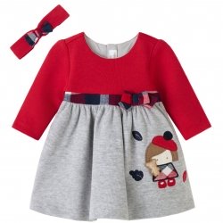 Mayoral Autumn Winter Baby Girls Red Grey Dress With Hairband