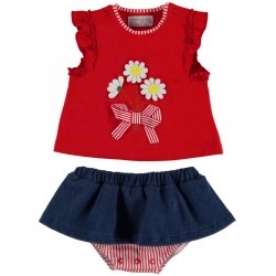 Mayoral Baby Girls Red Top Navy Skirt Panty Set
