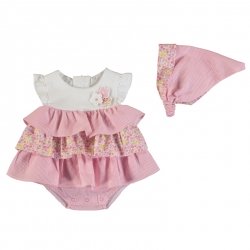 Mayoral Spring Summer Baby Girls White Pink Ruffle Dress Panties Bonnet Set