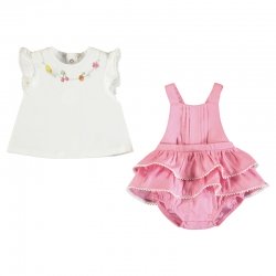 Mayoral Spring Summer Baby Girls White Top Pink Ruffle Braces Panties Dress Set