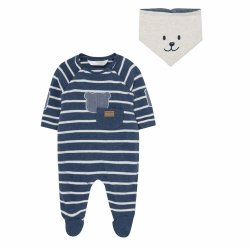 Mayoral Baby Boys Navy White Stripes Footed Romper With Bib