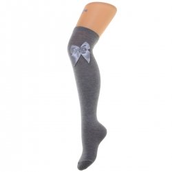 Over Knee High Grey Satin Bow Socks For Girls