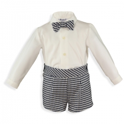 Miranda Boys Ivory Shirt Navy Jacquard Pattern Shorts Bow Tie Set