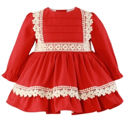 MIRANDA Baby Girls Red Dress Ivory Flower Frills Collar Red Bow