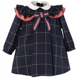 MIRANDA Baby Girls Navy Check Dress Red Frills Red Bow