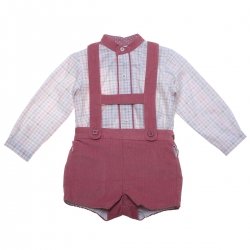 Sale Spanish MIRANDA Baby Boys Ivory Checks Top H braces Dusky Pink Shorts Set