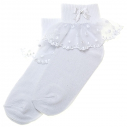 Flora Lace Frilly Socks In White With Snow Drops And Bow Decoration
