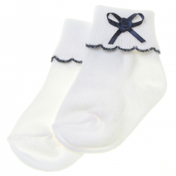 White Socks With Navy Scallop Edge and Navy Bow