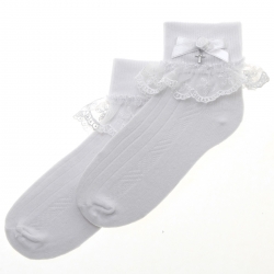 Girls White Communion Socks in Daisy Lace With Bow And Cross