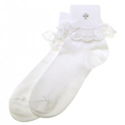 Communion Socks In Cherry Lace Decorated With A Cross