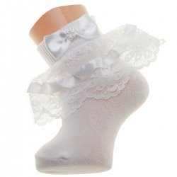 Beautiful Flower Lace With Ribbon Bow And Beads Girls White Socks