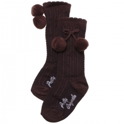 Pretty Originals Baby Knee High Choco Brown Pom Pom Socks Scallop Edge
