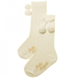 Pretty Originals Baby Knee High Ivory Pom Pom Socks Scallop Edge