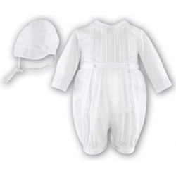 Boys white or blue or ivory christening romper suit with hat long sleeved