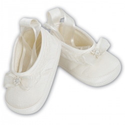 Sarah Louise Baby Girls Ribbons Beads Diamante Ivory Christening Shoes