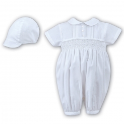 Sarah Louise Baby Boya Smocked Pleated White Romper With Hat Set