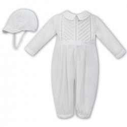 Sarah Louise Baby Boys Side Pleated Ivory Romper With Hat