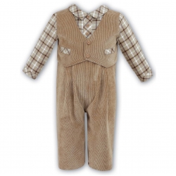 Sarah Louise Sales Baby Boys Tan Corduroy Romper Outfit with Plaid Shirt