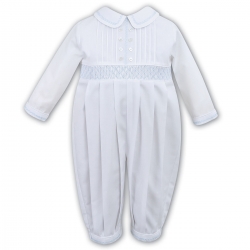 Elegant Baby Boys White Pleated Blue Smocked Romper By Sarah Louise