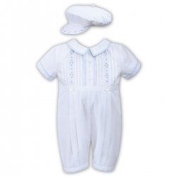 Sarah Louise Baby Boys White Pleated Romper Blue Embroideries