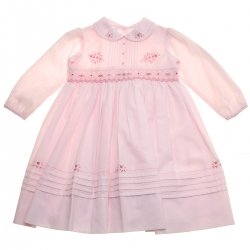 Sarah Louise Girls Pink Smocked Dress Embroidered Pink Flowers Bulbs