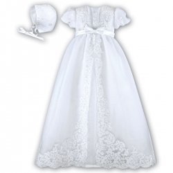 Baby Girls White Christening Robe With Flowers Beads Sequins