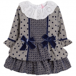 Spanish Baby Girls Navy Grey Dress White Collar Navy Bows