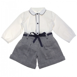 Spanish Made Girls Ivory Blouse Navy Gingham Shorts Set