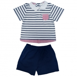Tutto Piccolo Baby And Toddler Boys White Stripes Top Navy Shorts Set