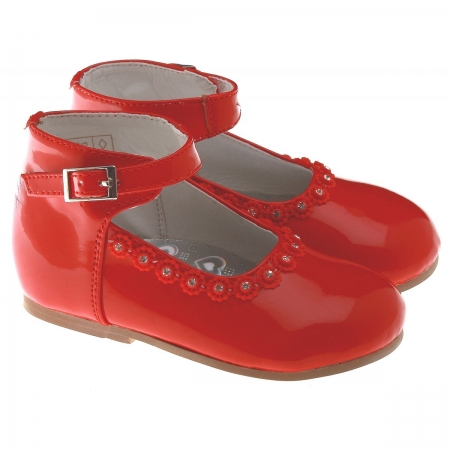 Baby And Toddler Girls Red Shoes In Patent With Diamonates And Red Beads