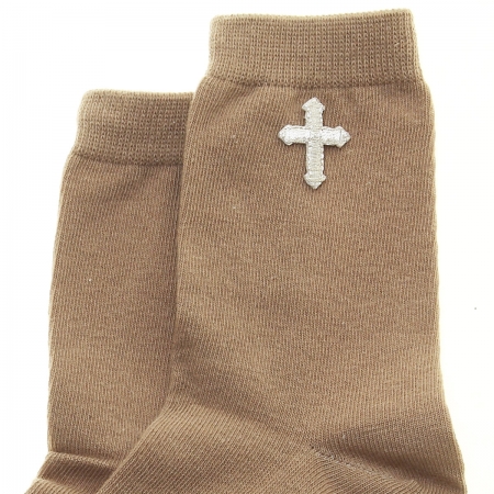 Silver Cross Decorated Boys Brown Communion Socks #2