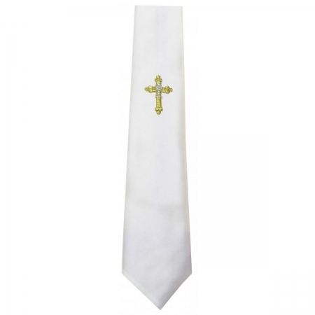 Boys White Communion Tie With a Gold Cross And Silver Chalice