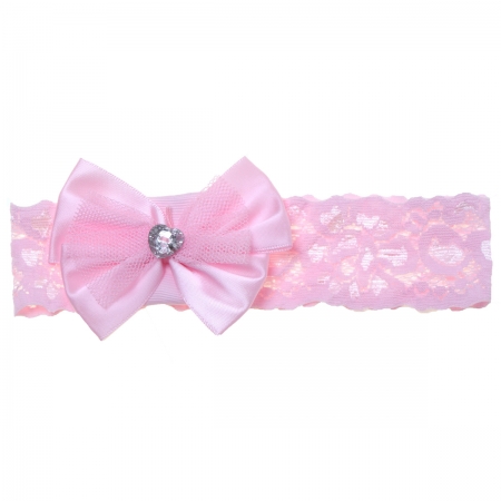 Lace Hair band With Diamante Bow In Pink For Baby And Toddler Girls