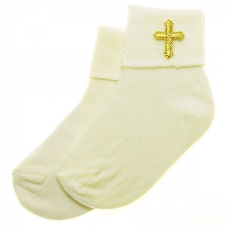 Baby Ivory Christening Socks With A Gold Cross