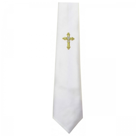 Boys White Communion Tie With a Gold Cross And Silver Chalice