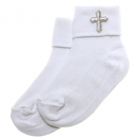 Baby White Christening Socks With A Silver Cross