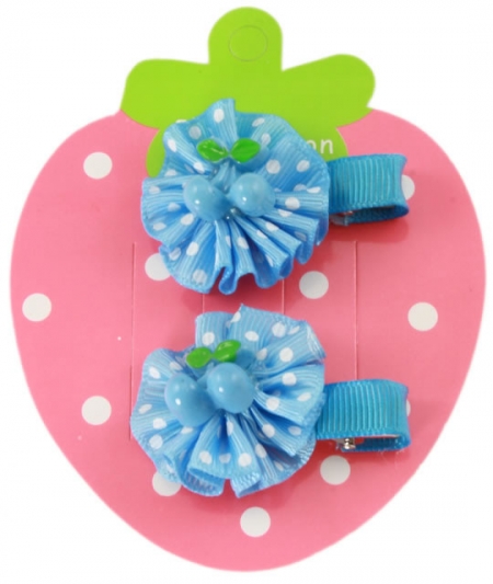 Pair of blue strawberry bow hair clips
