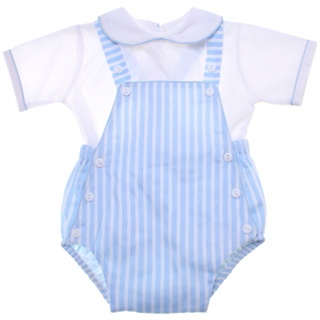 Baby Boys White Shirt Blue Stripes Dungarees Summer Outfit