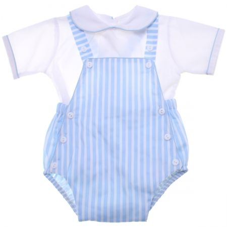 Baby Boys White Shirt Blue Stripes Dungarees Summer Outfit