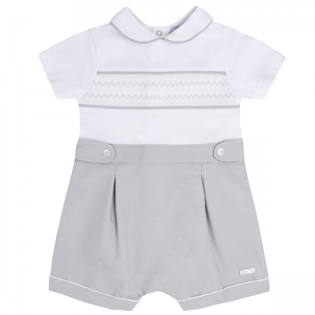 Blues Baby Boys White And Grey Smocking Romper
