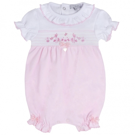 Blues Baby Girls Pink And White Smocking Romper Embroidered With Bee And Flower