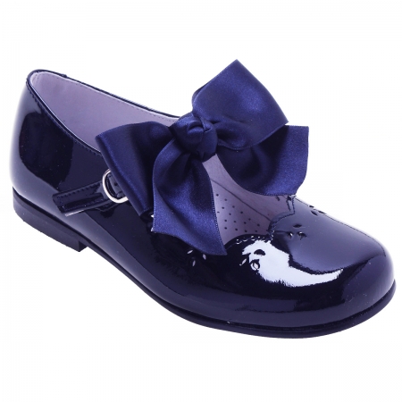 Girls Navy Mary Jane Patent Shoes With Removable Bow