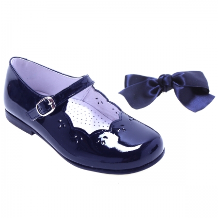 Girls Navy Mary Jane Patent Shoes With Removable Bow #2