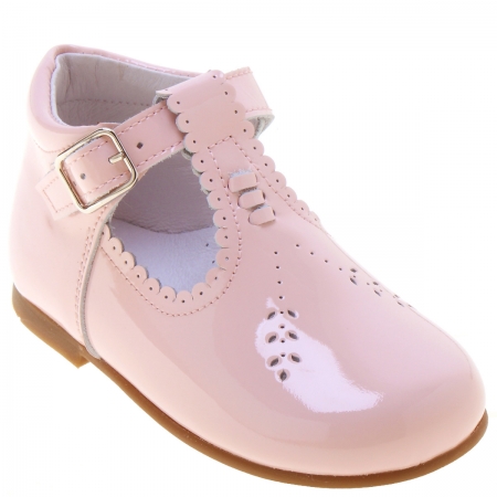 Girls Pink T Bar Patent Boots Scallop Edge Made In Spain