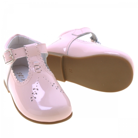 Girls Pink T Bar Patent Boots Scallop Edge Made In Spain #2